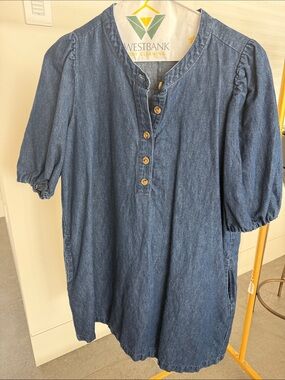 J. Crew Dark Indigo Denim Puff Sleeve Pullover Midi Dress with Button Placket